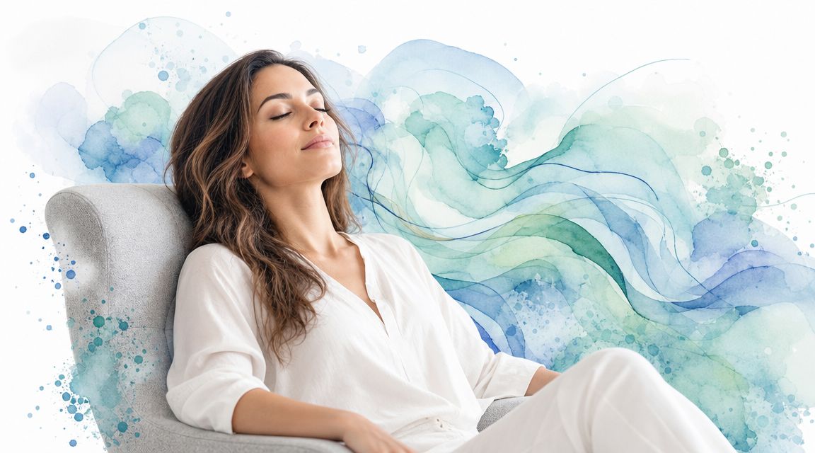 A relaxed woman with eyes closed sitting in an armchair with calm watercolor blue background.