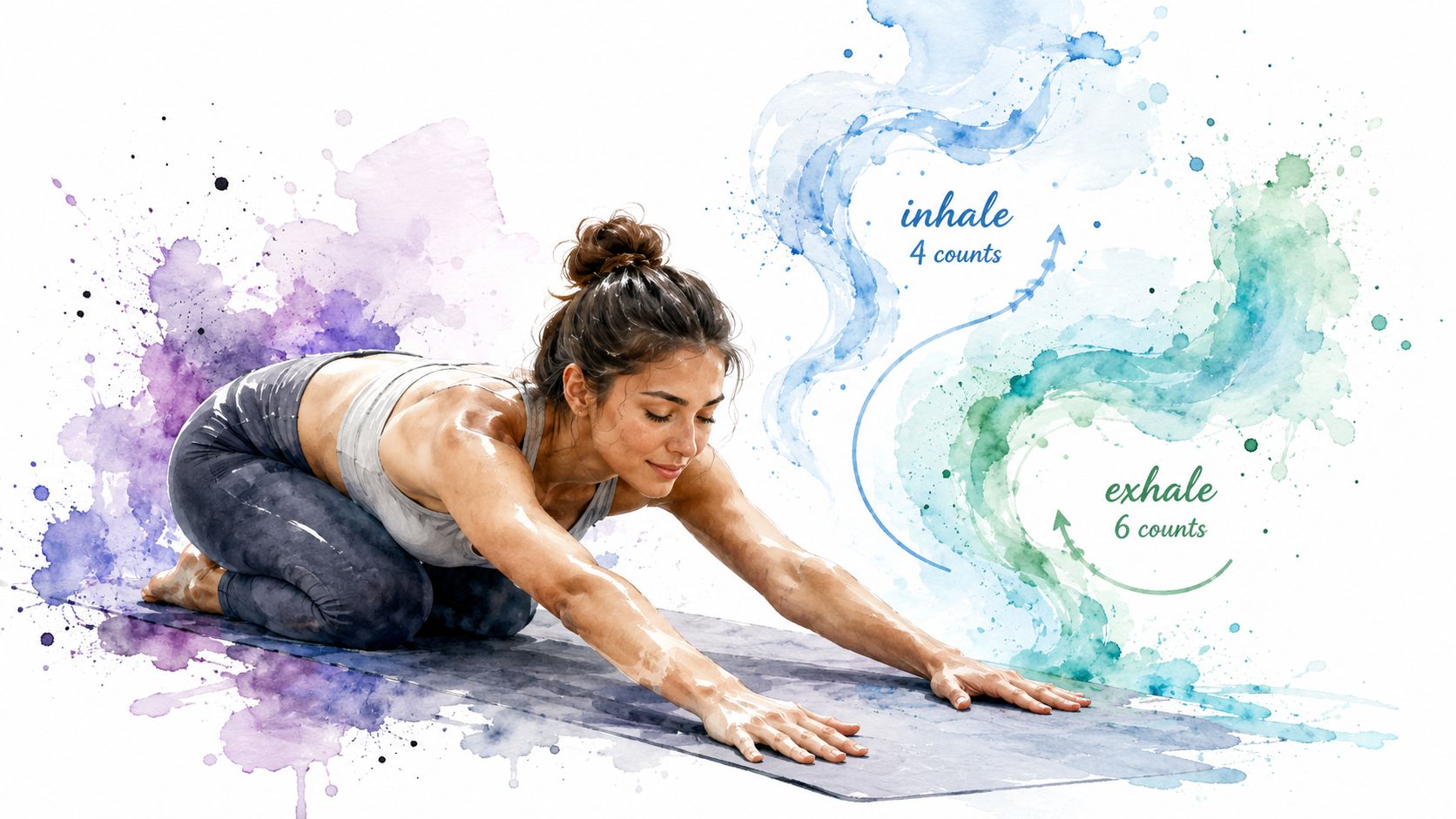 A woman practicing yoga in a child's pose with artistic watercolor breathing instructions for anxiety reduction.