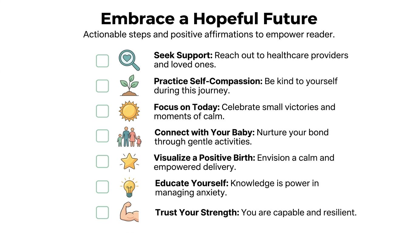 A checklist titled Embrace a Hopeful Future with seven encouraging steps for managing anxiety during pregnancy.