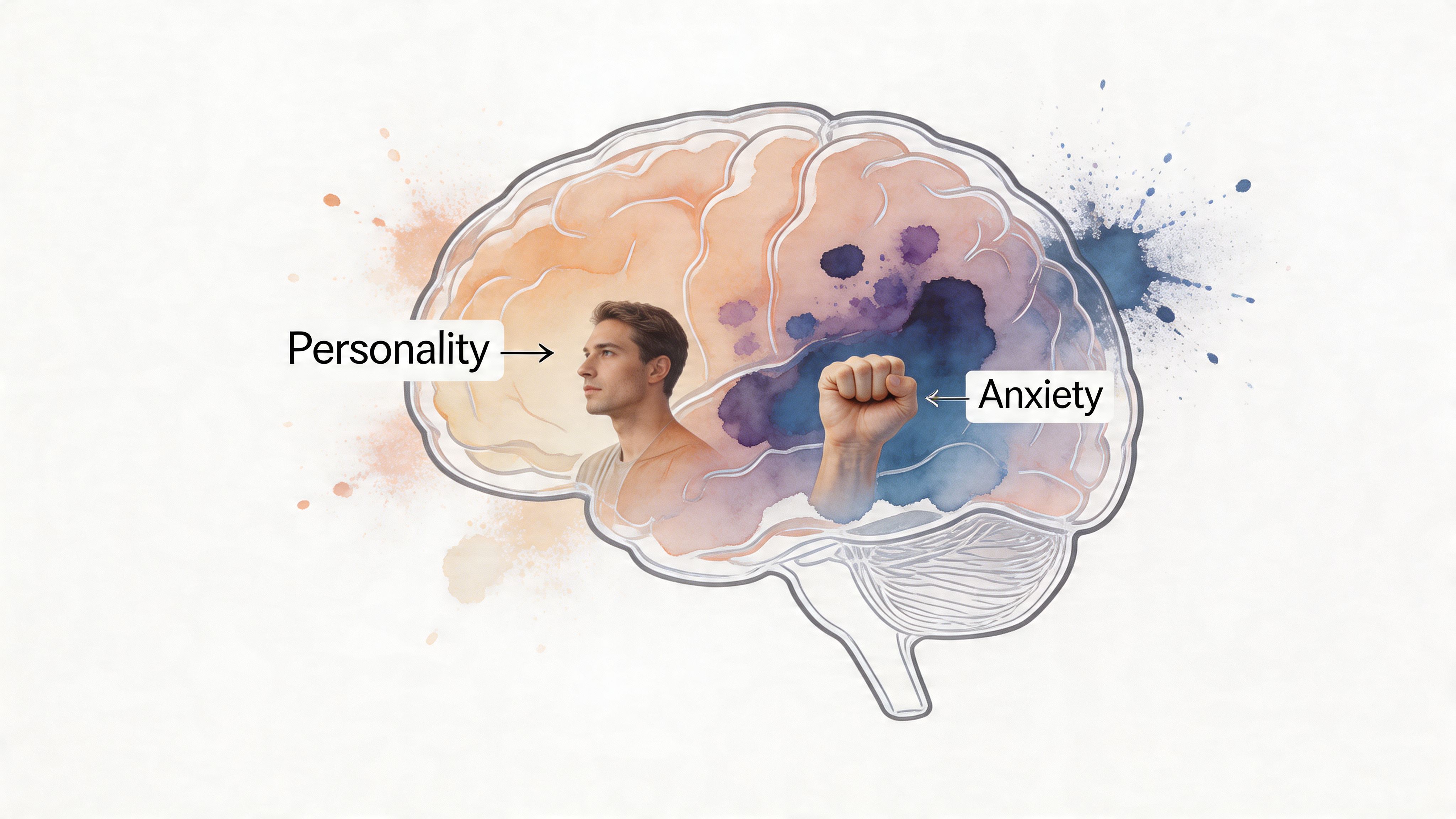 A conceptual illustration showing a brain with a man's face for personality and a fist for anxiety.