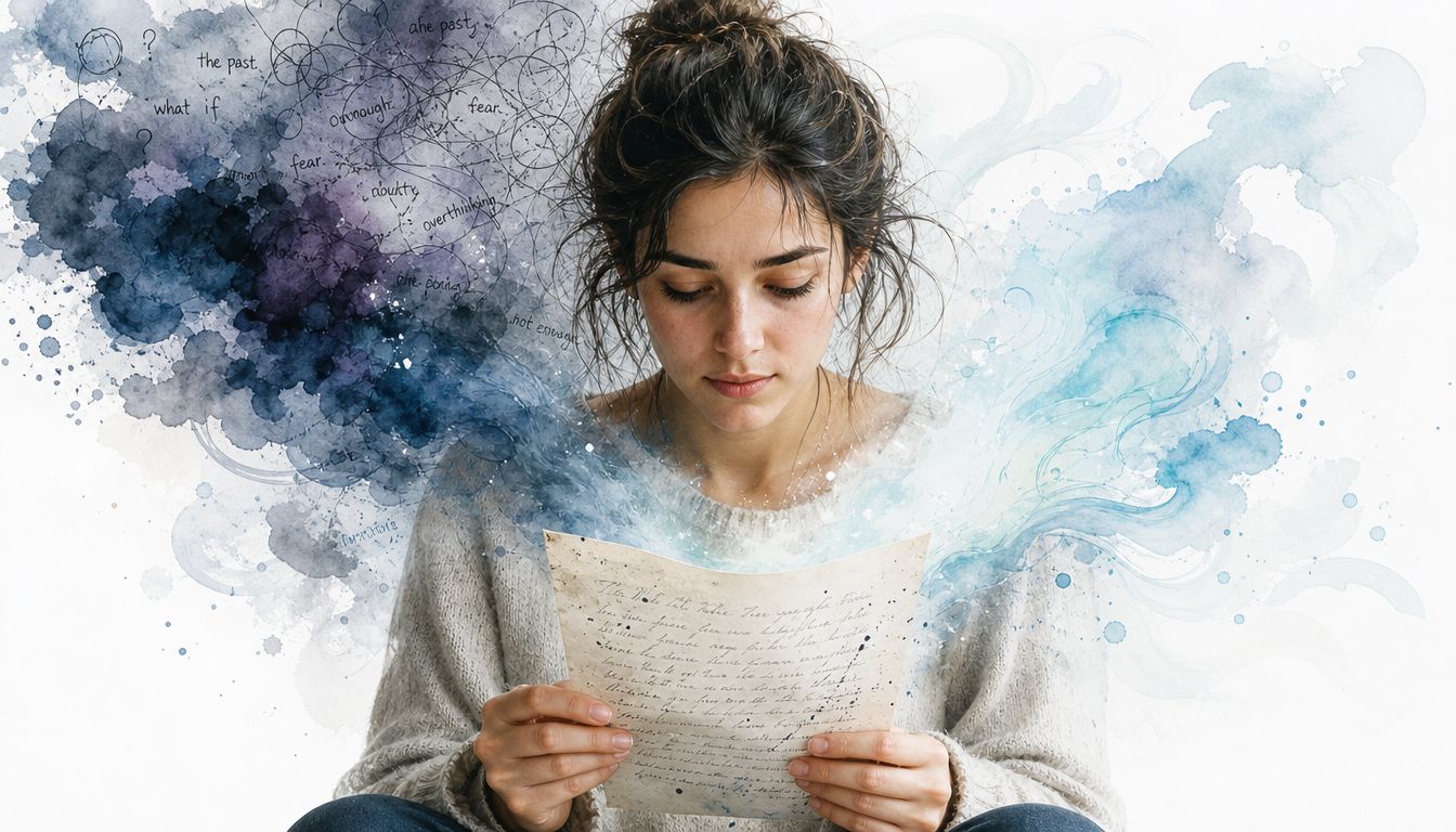 A thoughtful young woman holding a handwritten letter, surrounded by abstract watercolor thoughts and swirling emotions.