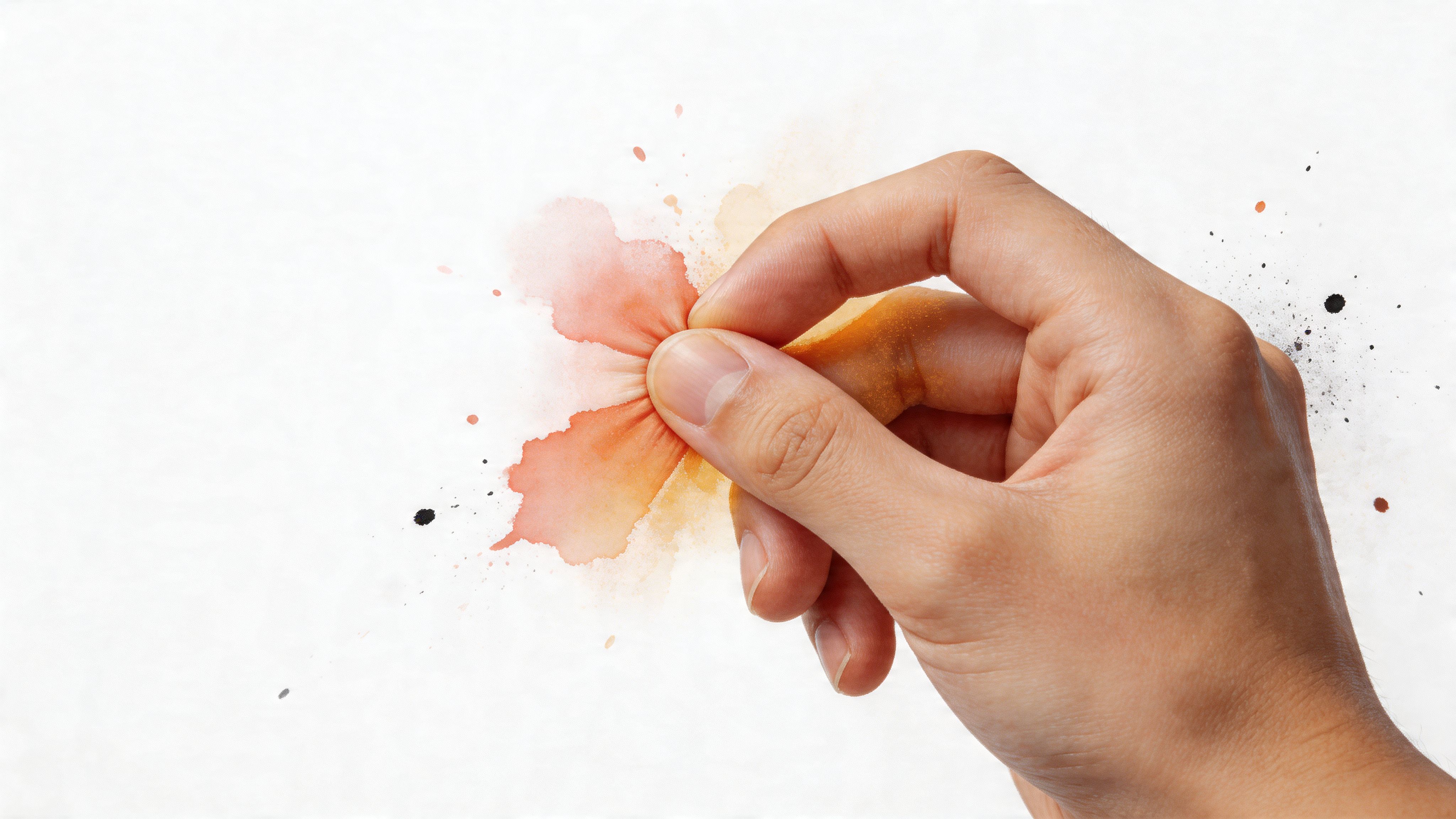 A hand delicately pinching a colorful watercolor ink splash against a clean white textured paper background.