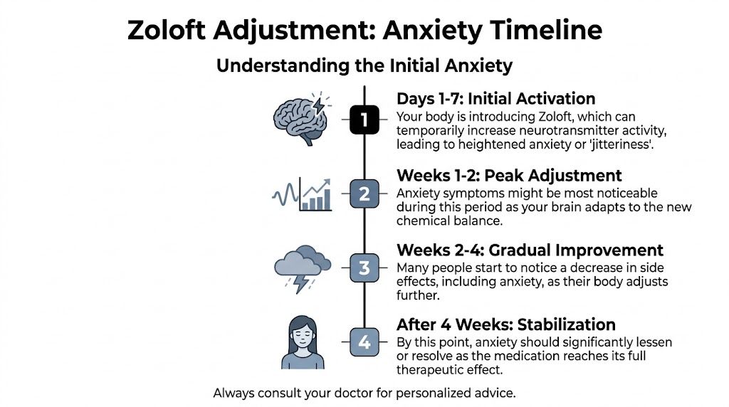 A timeline graphic showing the stages of anxiety when beginning Zoloft from the first week to stabilization.