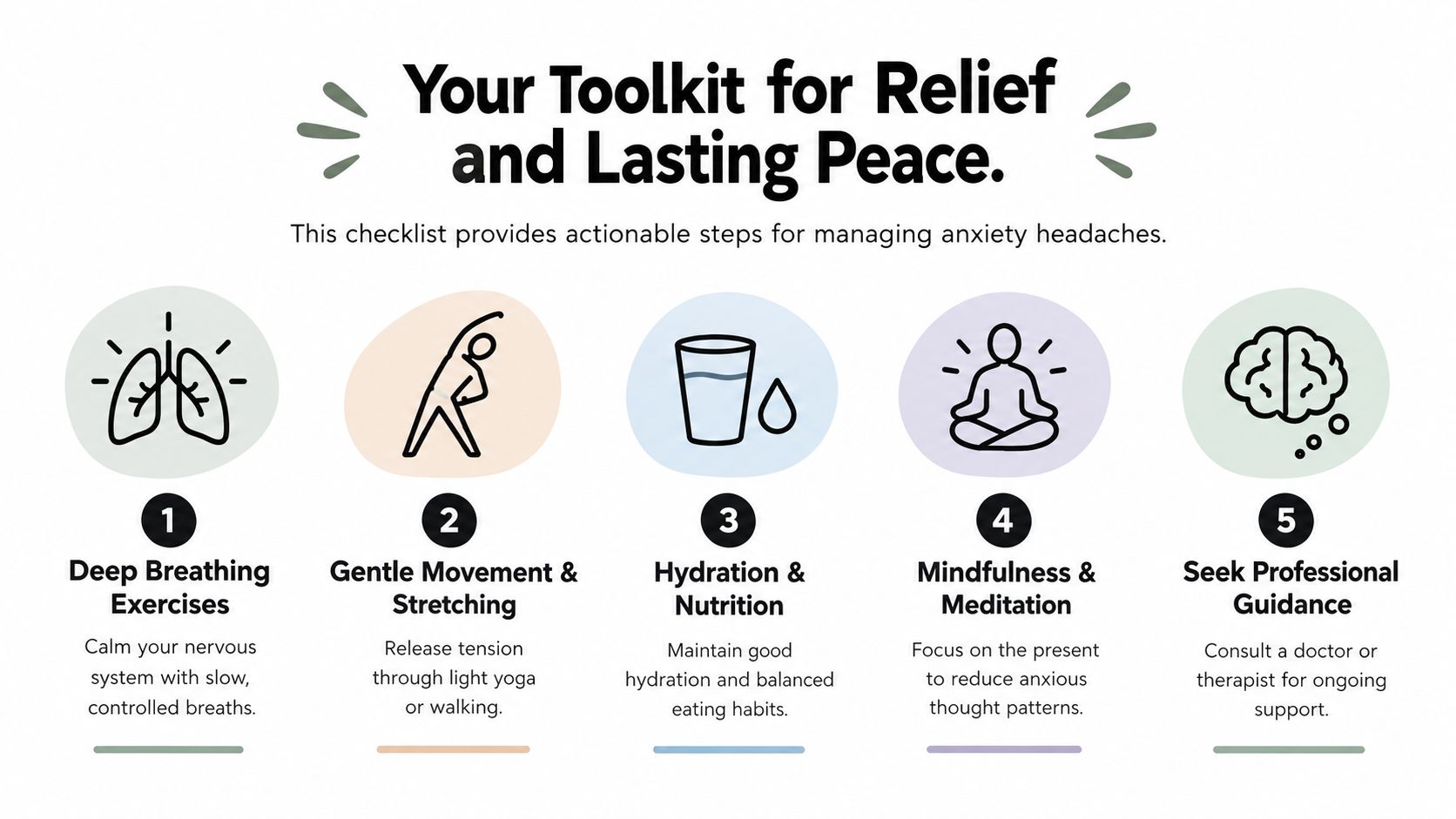 An infographic checklist offering five actionable steps for managing and finding relief from anxiety-related headaches.
