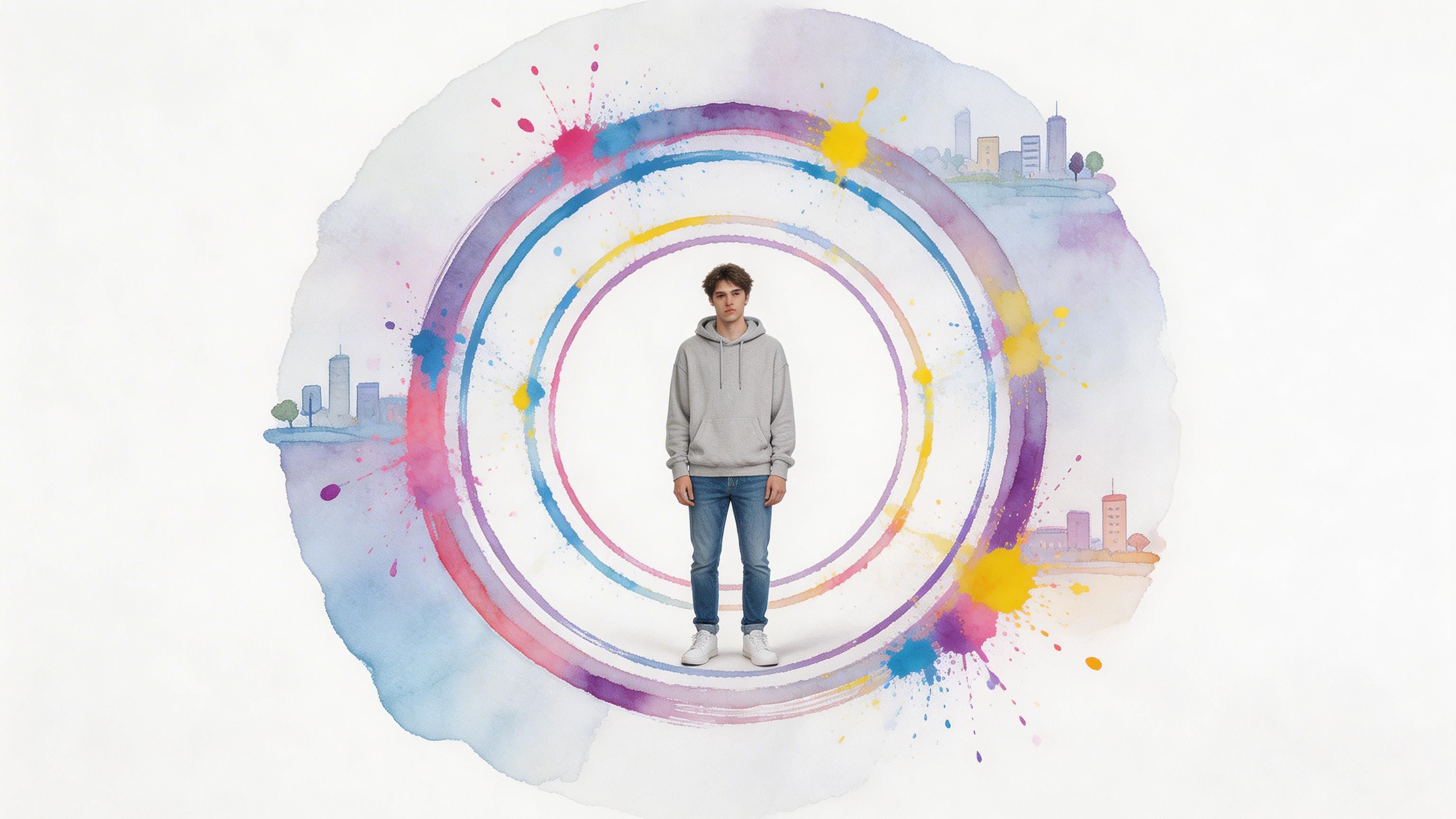 A young man standing in front of a colorful, artistic circle representing urban life and inner reflection.