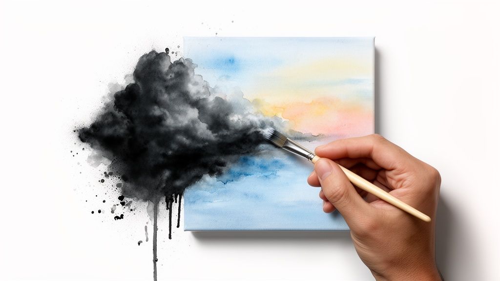 A hand paints dark, stormy clouds onto a colorful, bright watercolor sky on a canvas.