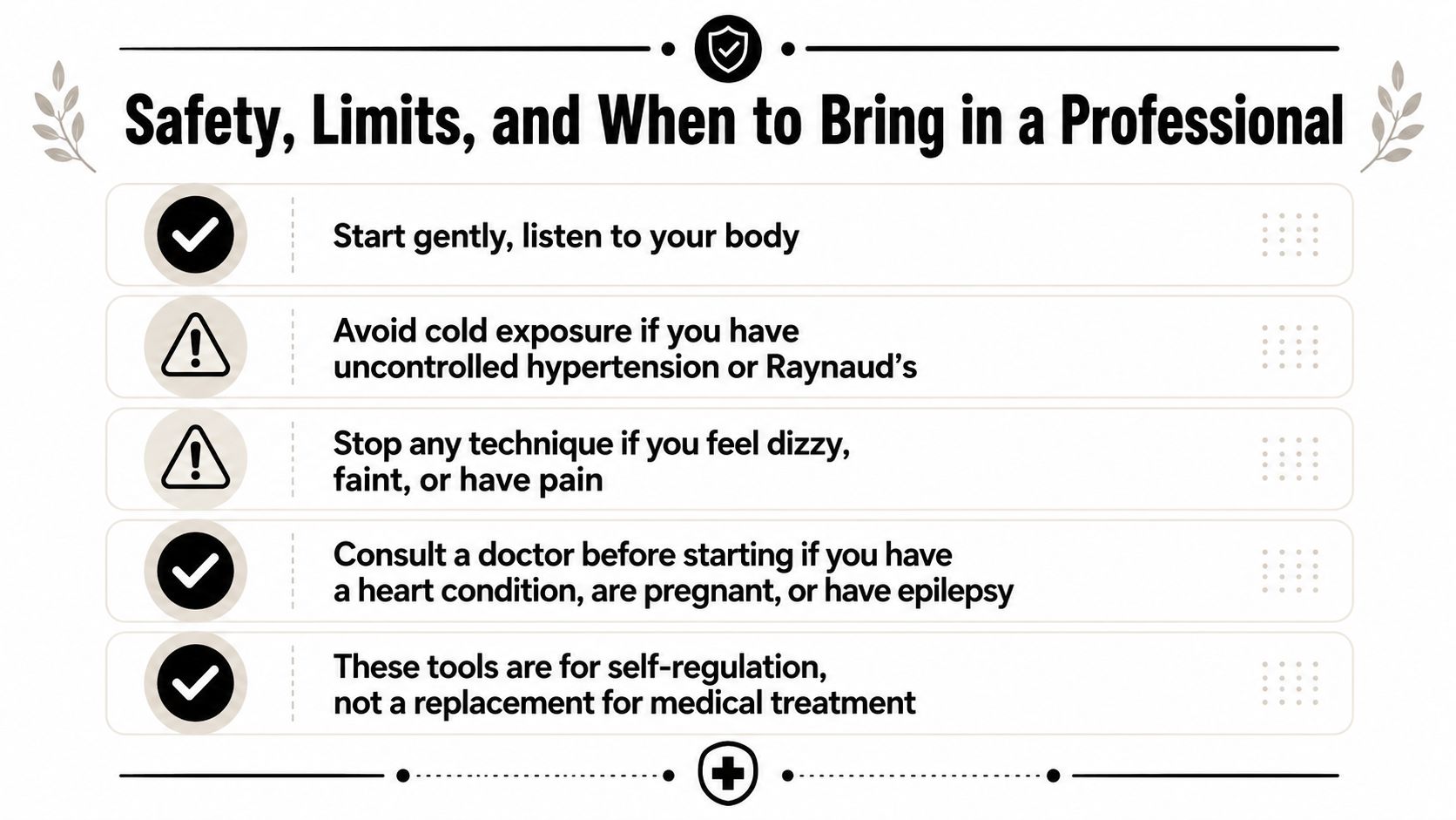 A safety infographic titled Safety, Limits, and When to Bring in a Professional with five health guidelines.