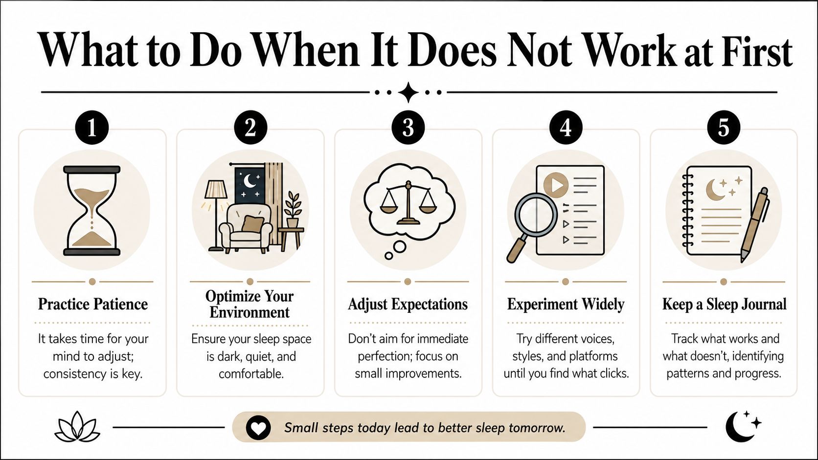 An infographic titled What to Do When It Does Not Work at First, listing five tips for improving sleep.