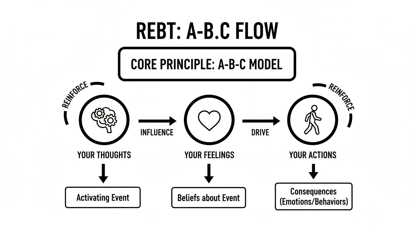 A diagram illustrating the REBT A-B-C model flow: thoughts influence feelings, driving actions, with reinforcing loops.