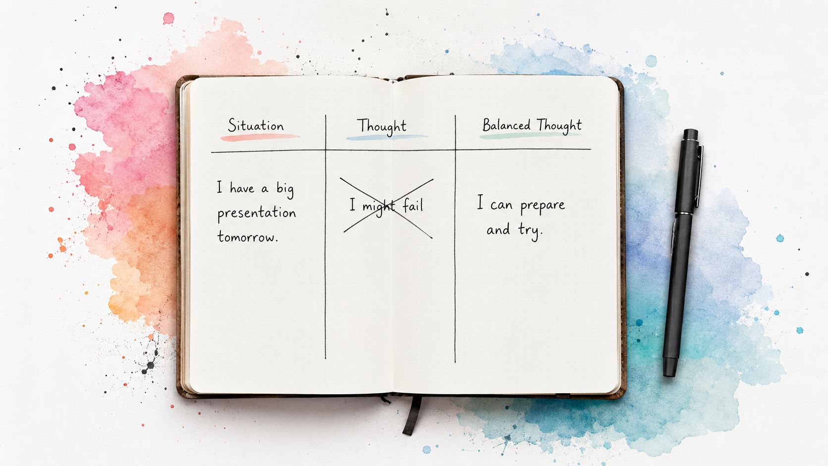 An open notebook on a watercolor background with a chart about replacing negative thoughts with balanced thoughts.