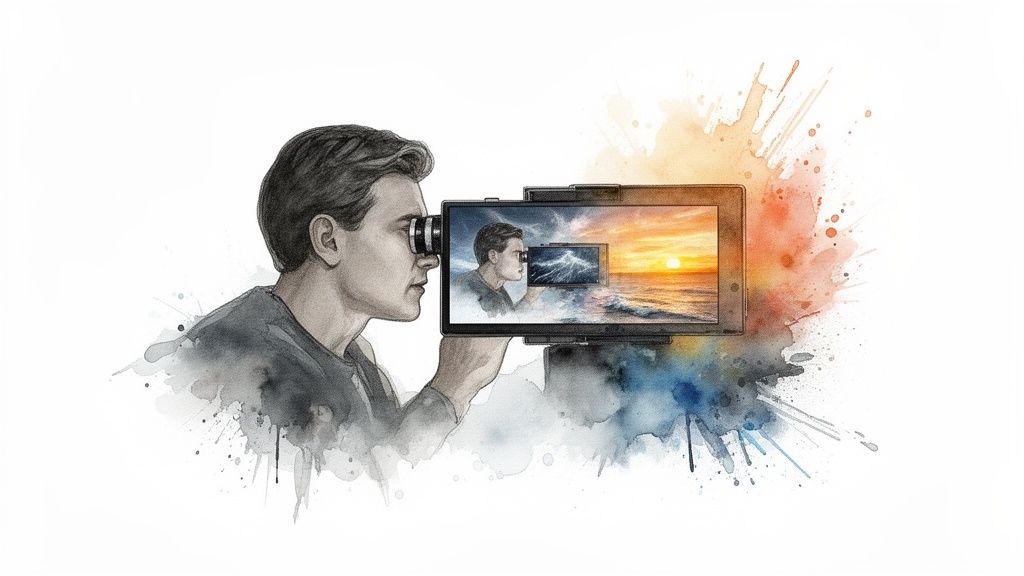 A watercolor illustration of a man looking through a device, showing a stormy sea and a serene sunset.