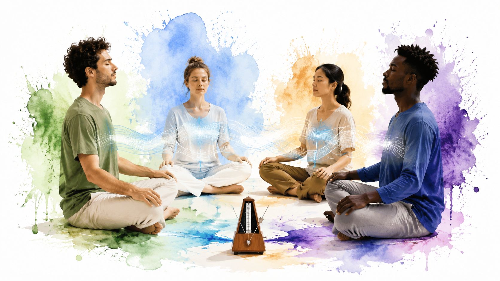 A diverse group of four people practicing mindful meditation in a circle around a wooden metronome.