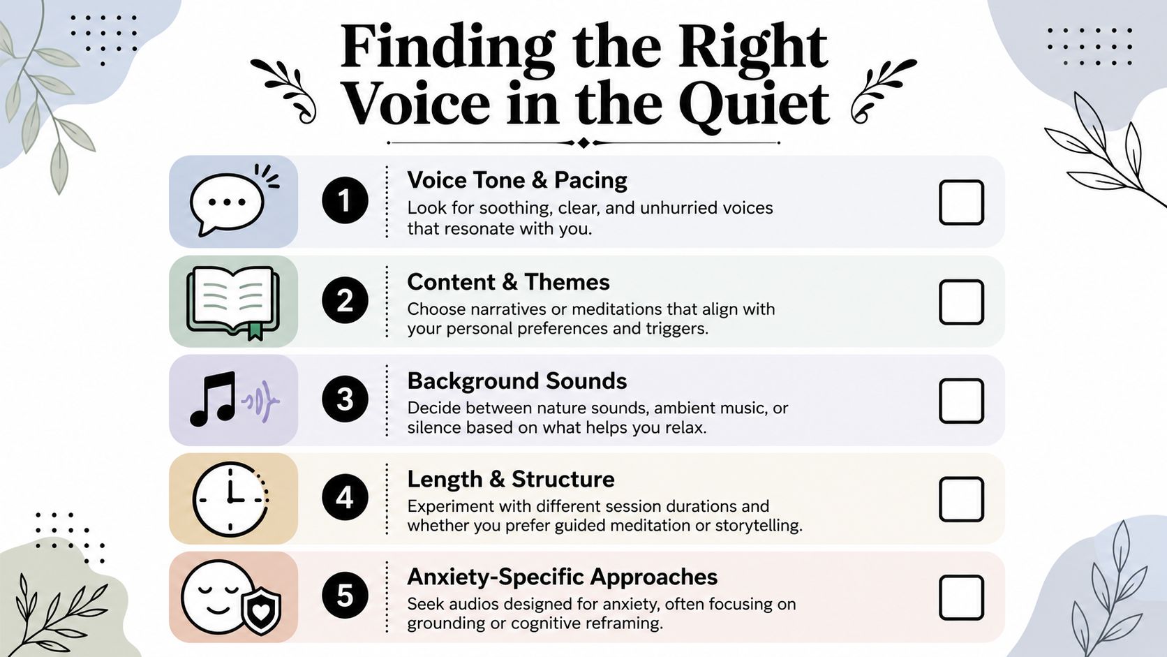 An infographic titled Finding the Right Voice in the Quiet, listing five tips for choosing meditation audio.
