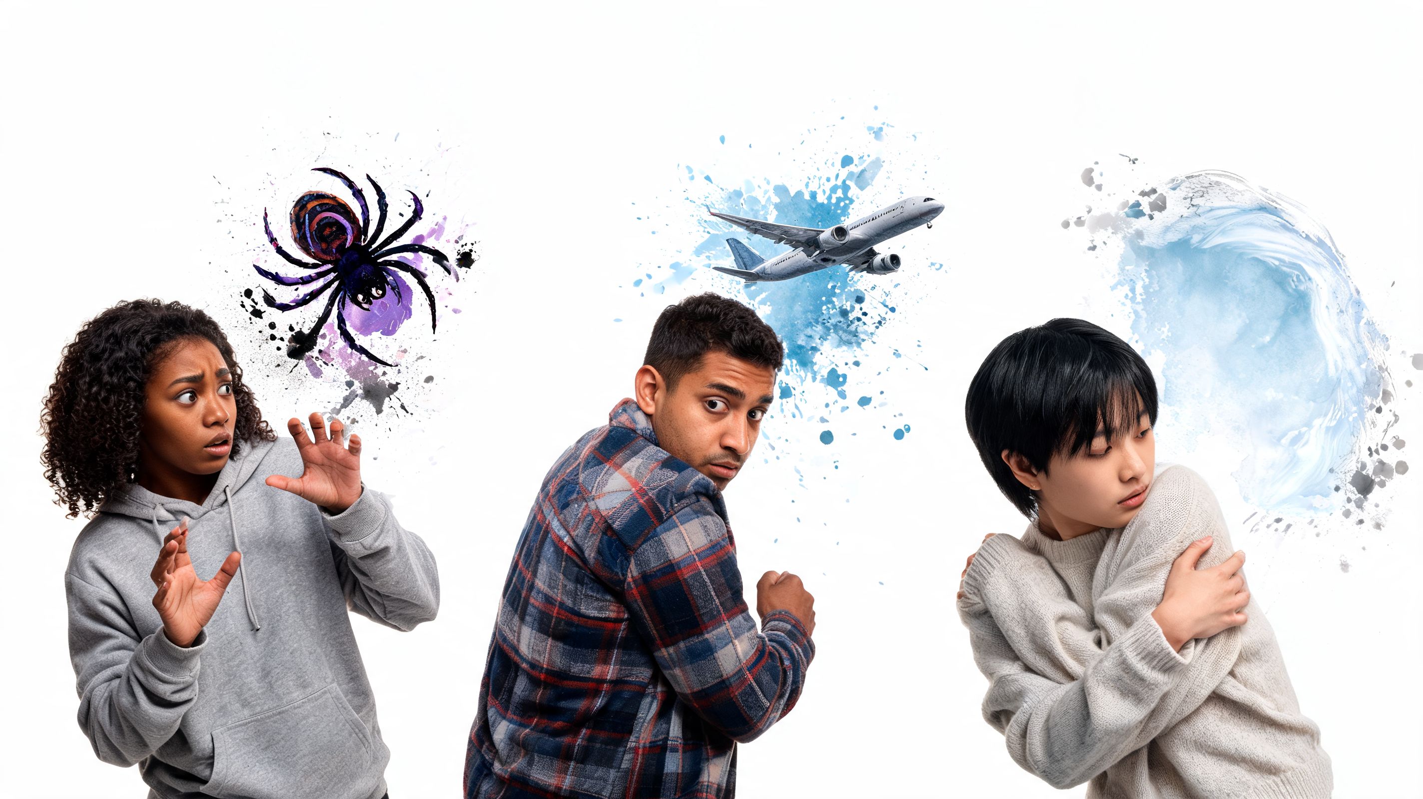 Three people appearing anxious or fearful representing different common phobias including spiders, flying, and water.