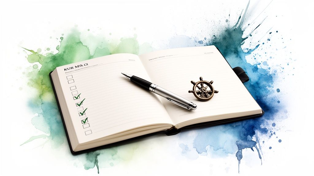 An open notebook with a checklist, pen, and ship's wheel, surrounded by green and blue watercolor splashes.