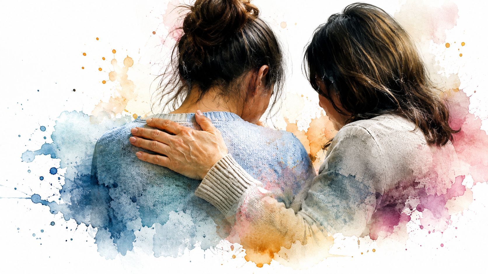 One person comforting another who is struggling with overstimulation and anxiety, presented in a watercolor style.