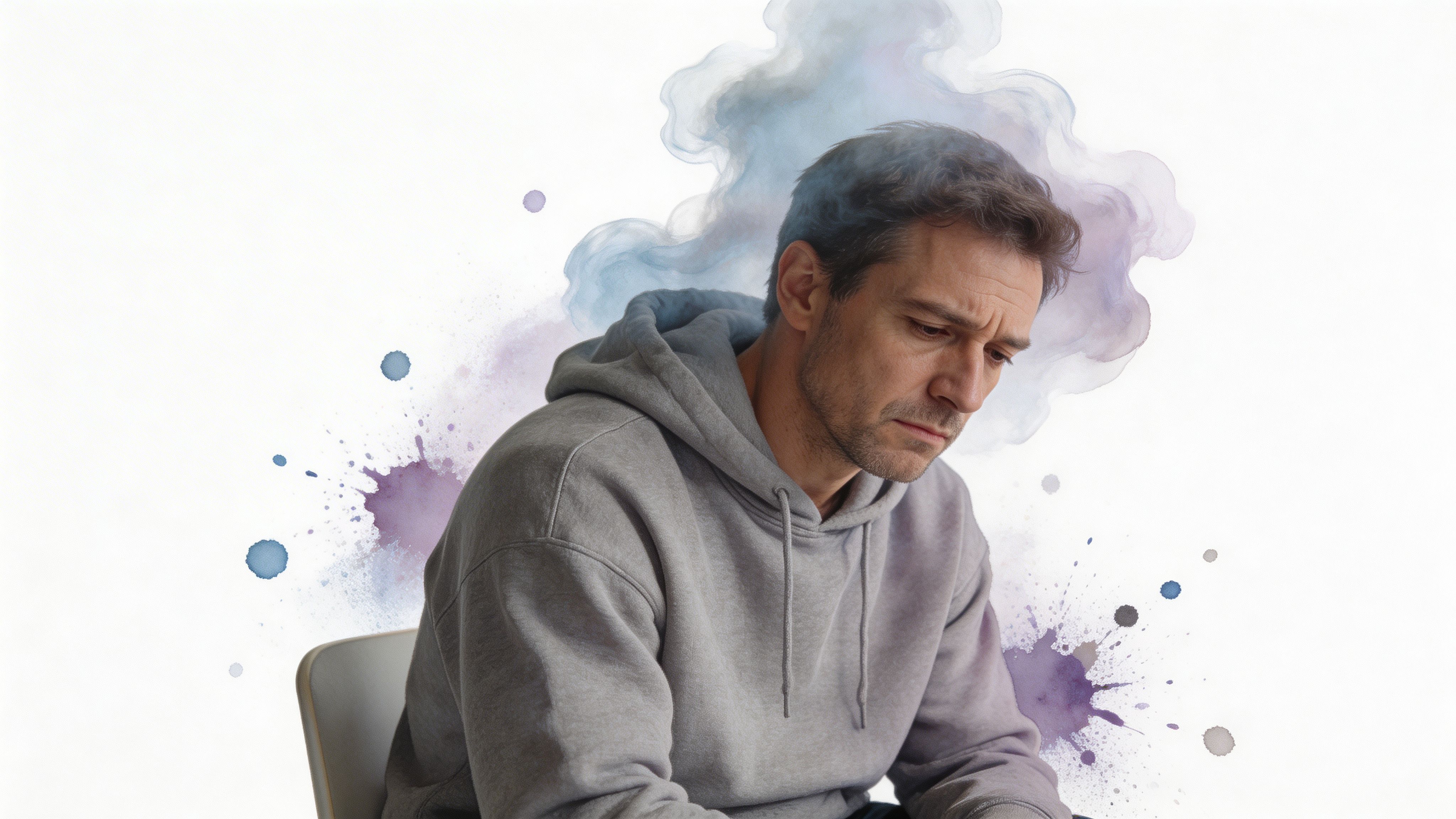 A man wearing a grey hoodie sits looking down with a somber expression against a watercolor background.