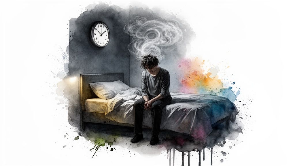 Watercolor illustration of a man sitting on a bed, smoke from his head, with a clock on the wall.
