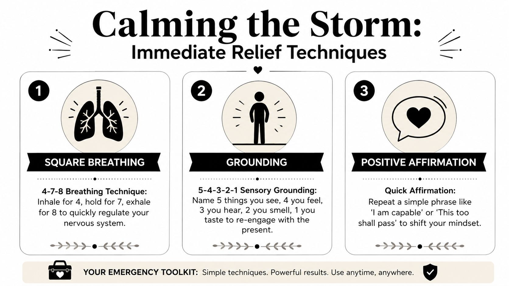 An infographic titled Calming the Storm presenting three immediate relief techniques for anxiety: square breathing, grounding, and positive affirmations.
