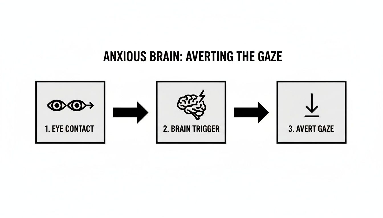 Diagram showing how an anxious brain responds to eye contact, leading to averting the gaze.