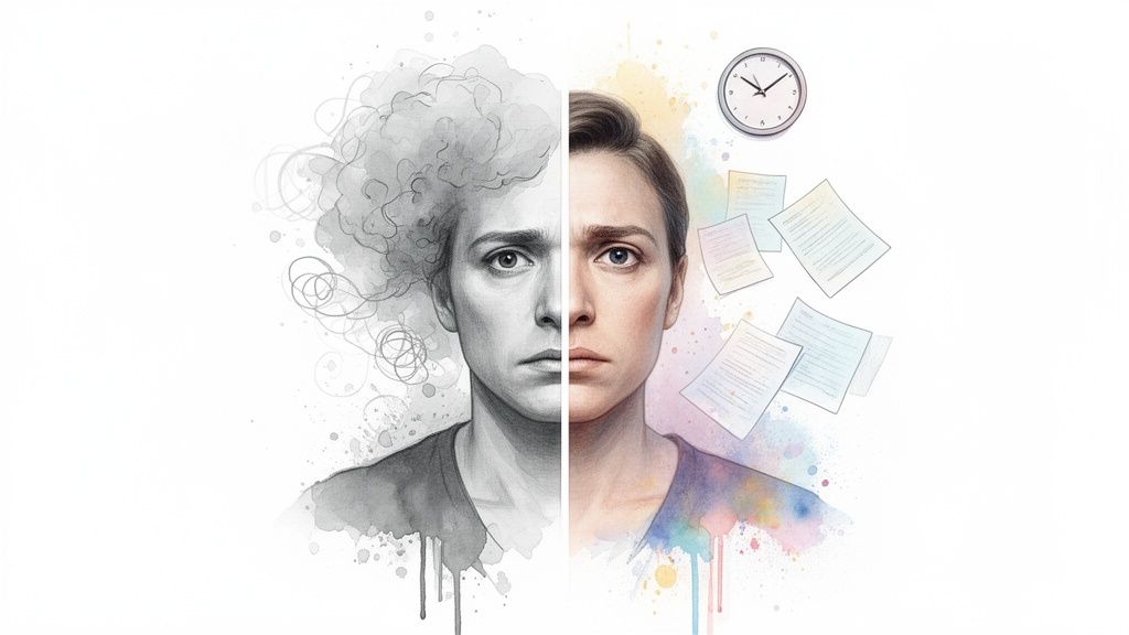 A split image of a woman's face comparing two mental states: chaos versus tasks.