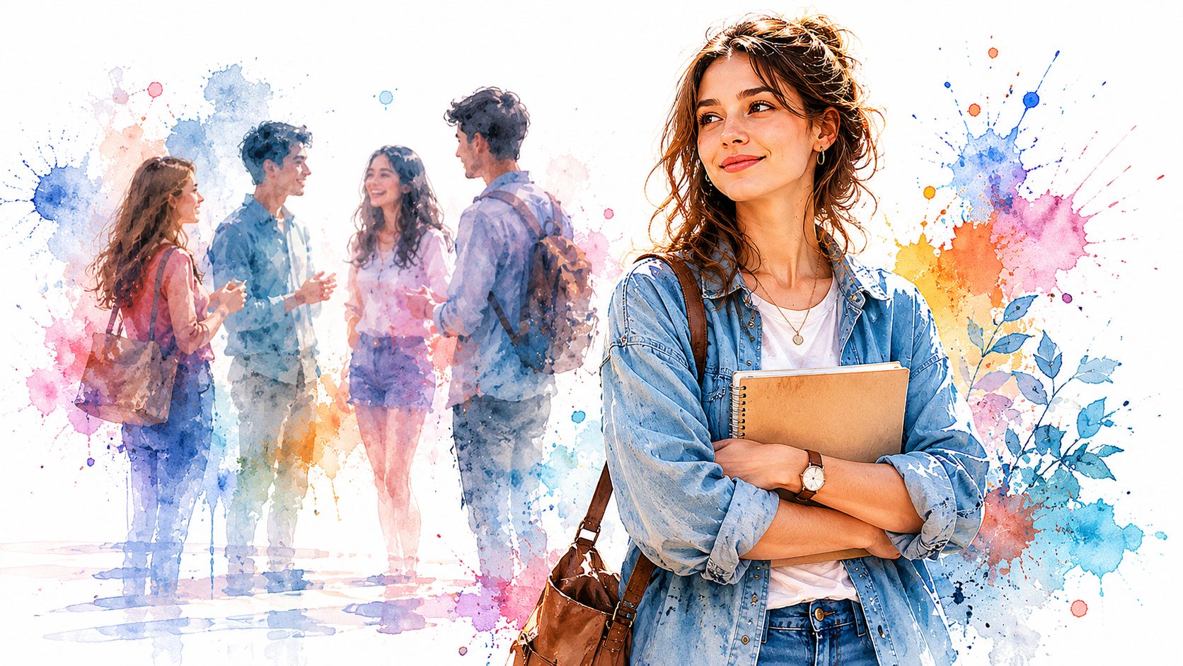 A young female student holding books smiling, with watercolor illustrations of students socializing in the background.