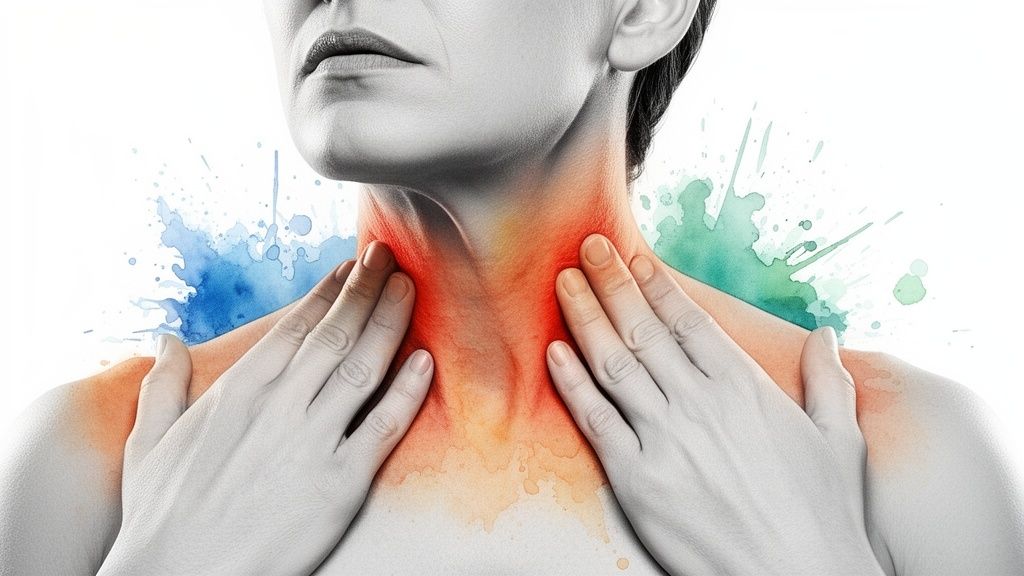 Person grasping their neck and upper chest, highlighted in red and orange, symbolizing pain or inflammation.
