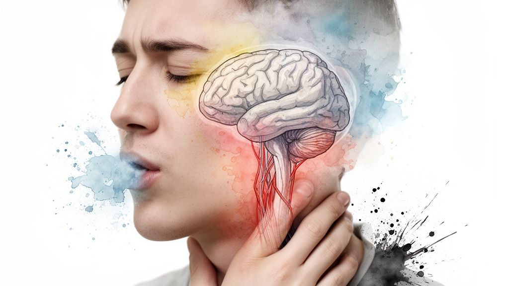 Profile of a person holding their neck, with a brain illustration and watercolor effects.