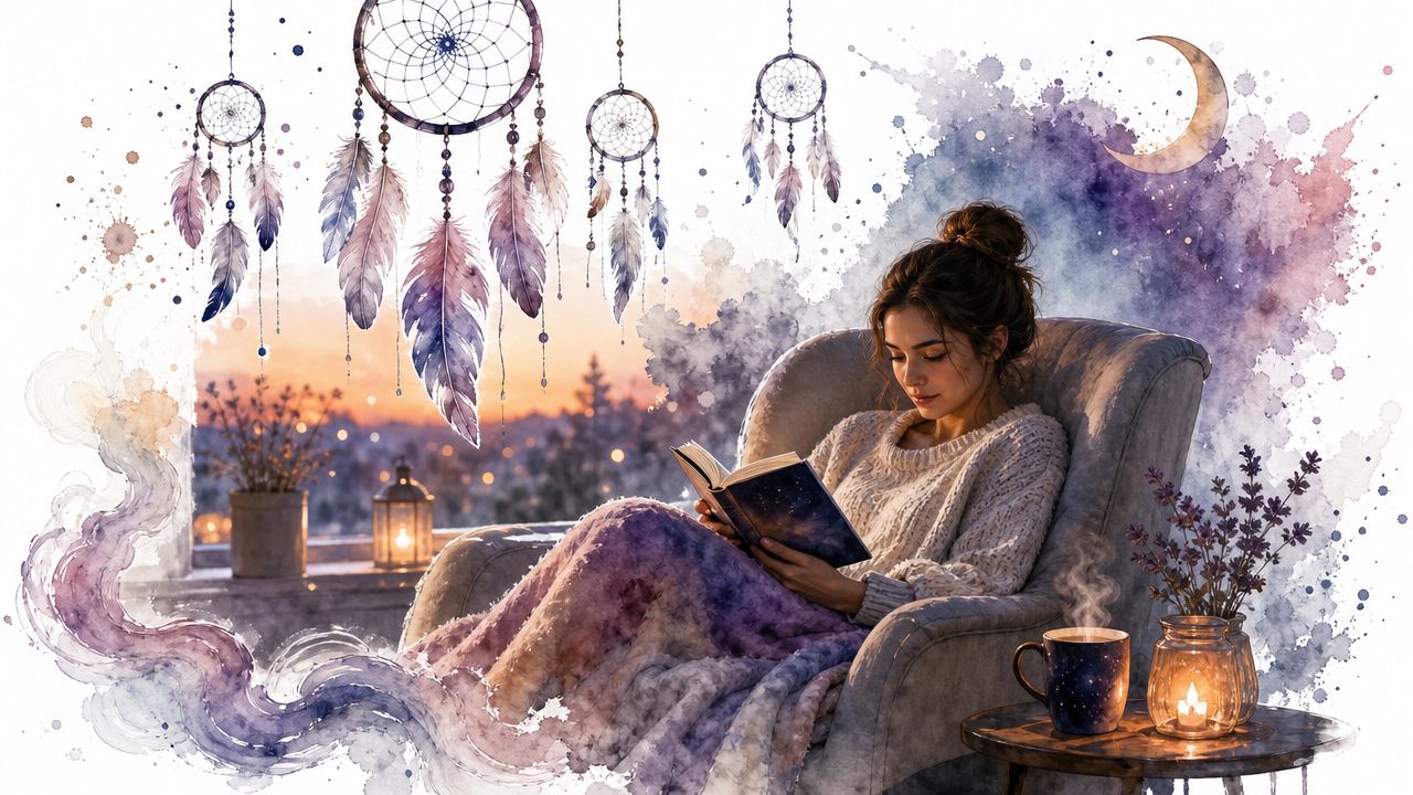 A woman comfortably reading a book in an armchair surrounded by dreamcatchers, lavender, and gentle moonlight.
