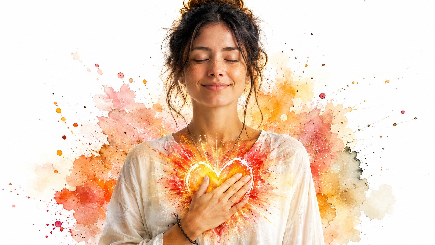 A serene woman with her eyes closed, holding her hands over a glowing, watercolor heart on her chest.