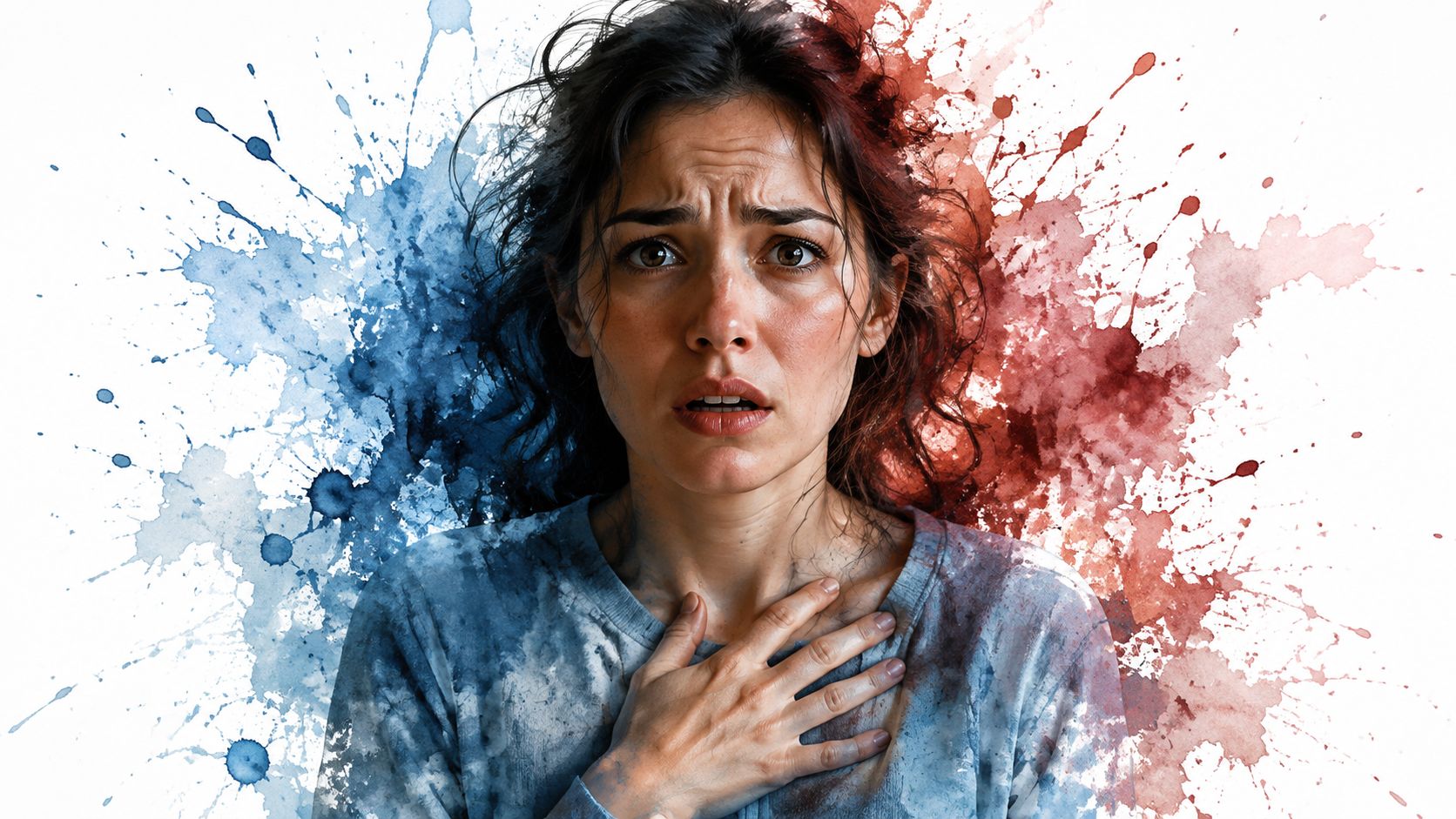 A distressed woman experiencing panic with blue and red watercolor splashes representing intense emotions on white background.