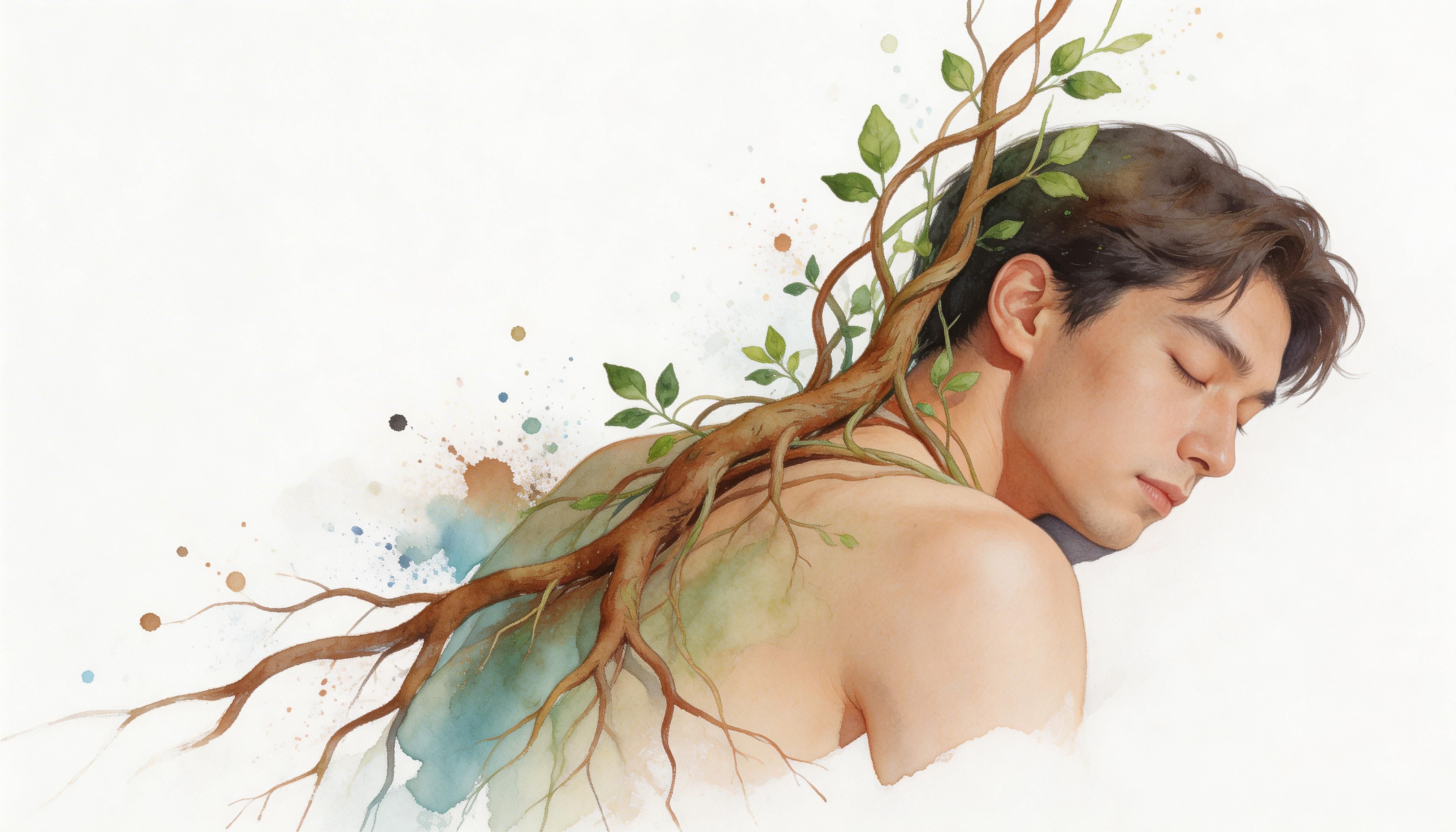 A watercolor painting of a man with closed eyes as tree roots and leaves sprout from him.