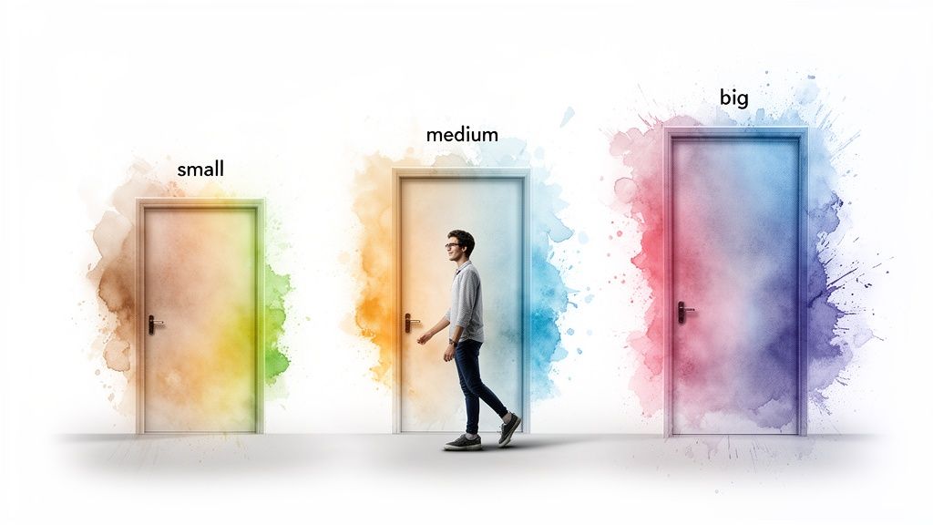 A man walks towards a medium door, with small and big doors surrounded by colorful splashes.