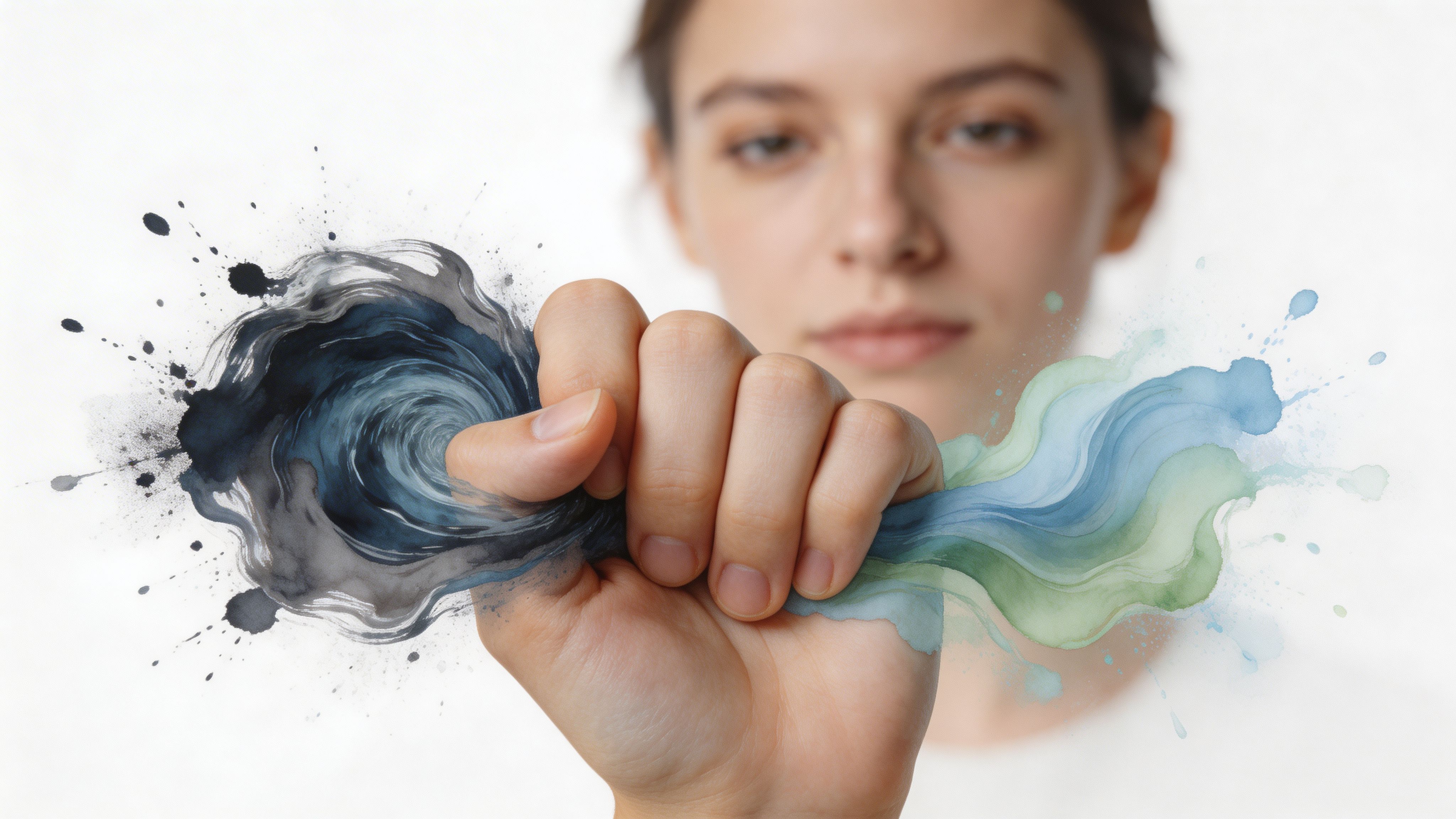A person gripping a swirling watercolor storm in one hand, representing the power to overcome emotional challenges.