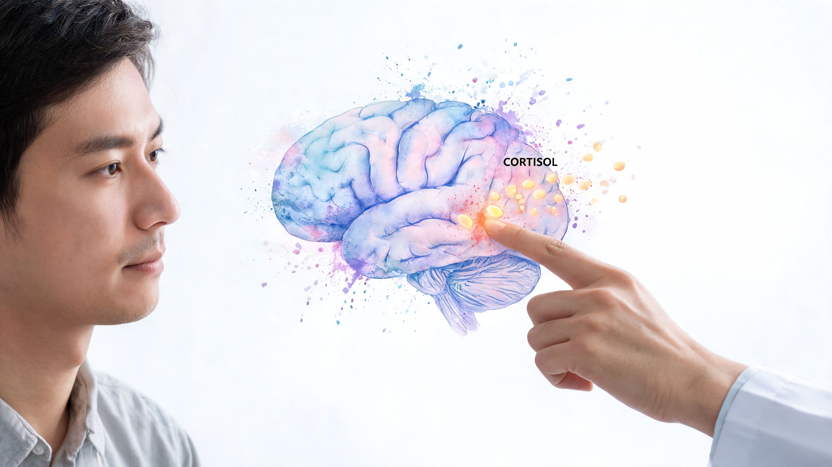 A doctor pointing at a watercolor illustration of a human brain with cortisol highlighted in the brain.