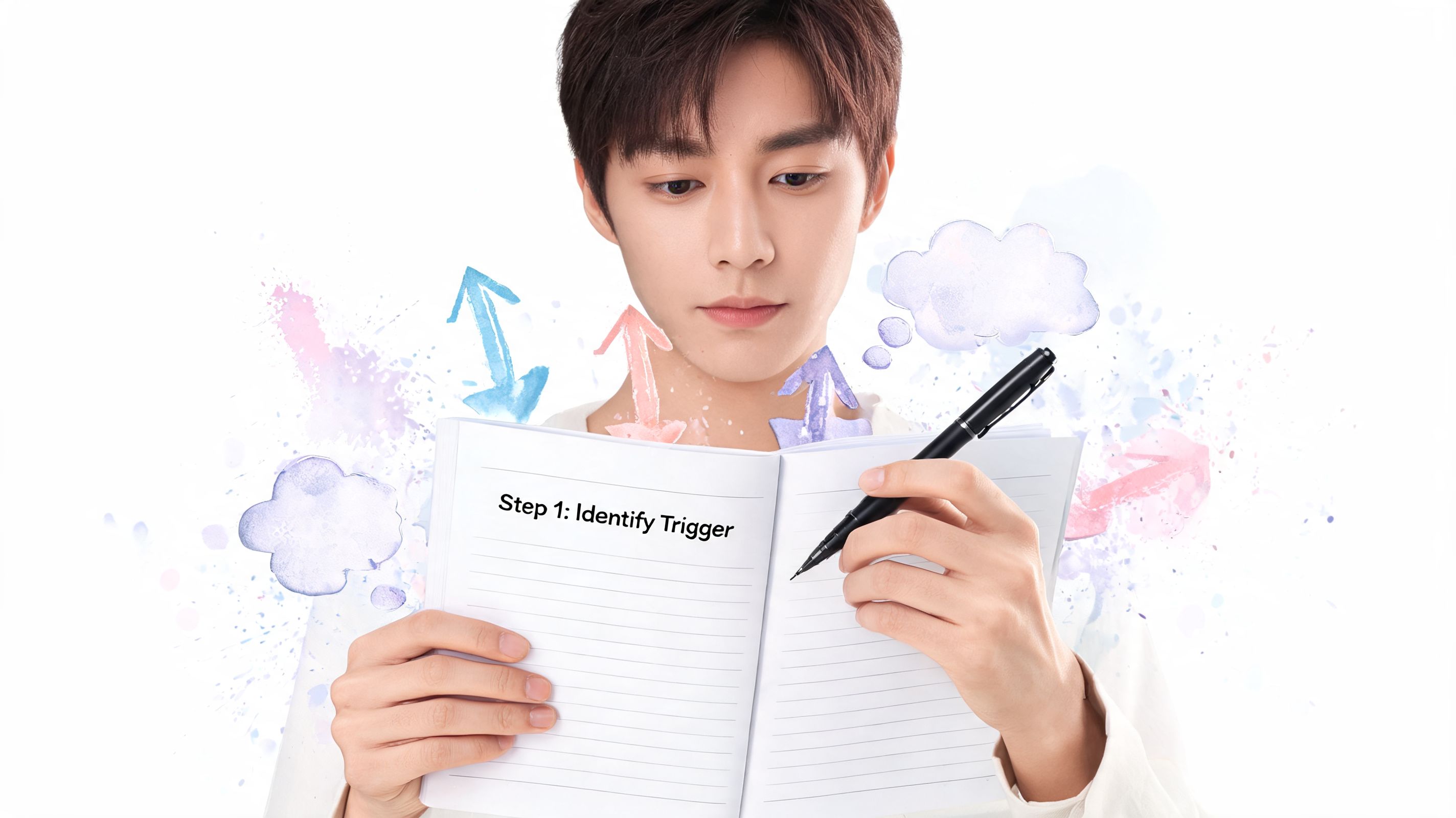 A young man holding an open notebook with the text Step 1: Identify Trigger written inside.