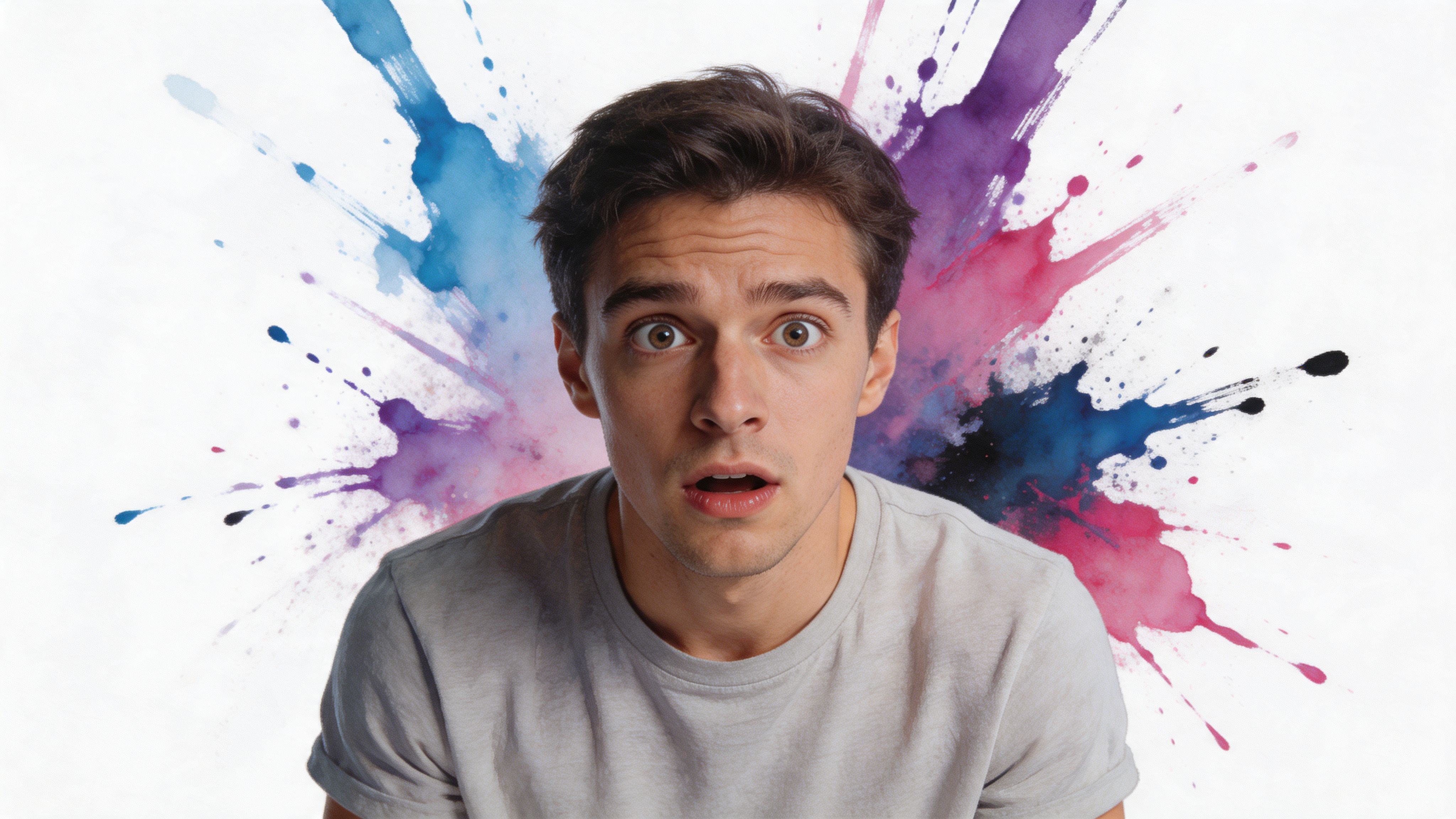 A young man with a surprised expression against a background of colorful watercolor paint splatters.