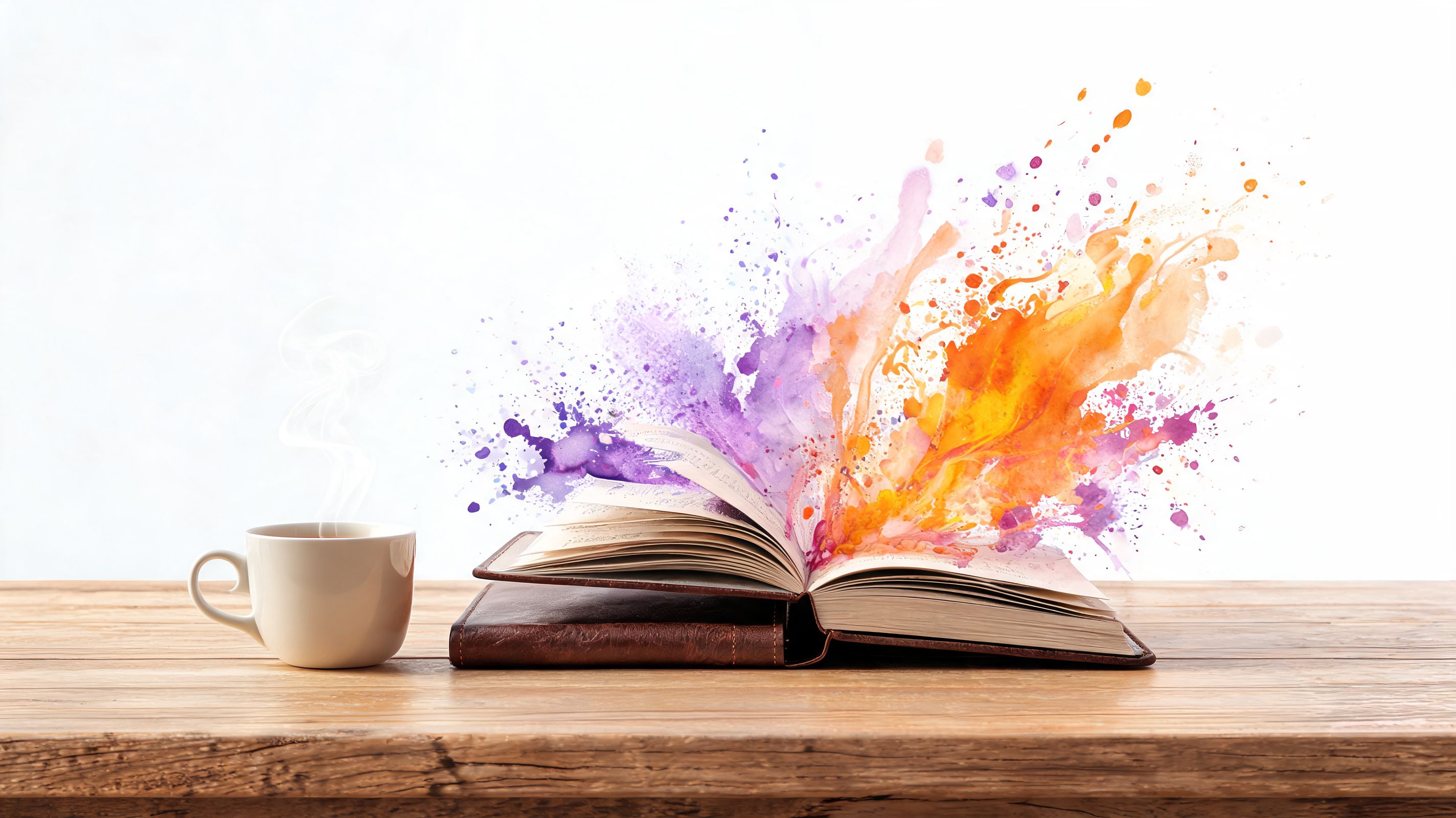 An open book with colorful watercolor splashes rising from its pages next to a hot cup of coffee.