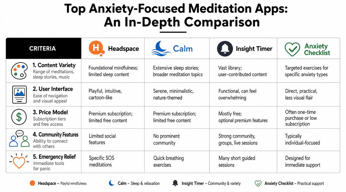 A comparison chart of top anxiety-focused meditation apps including Headspace, Calm, Insight Timer, and Anxiety Checklist.