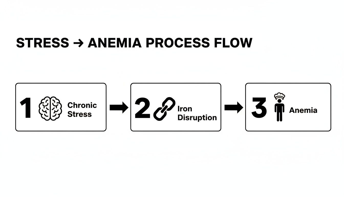 A step-by-step flowchart illustrates how chronic stress can lead to iron disruption and anemia.