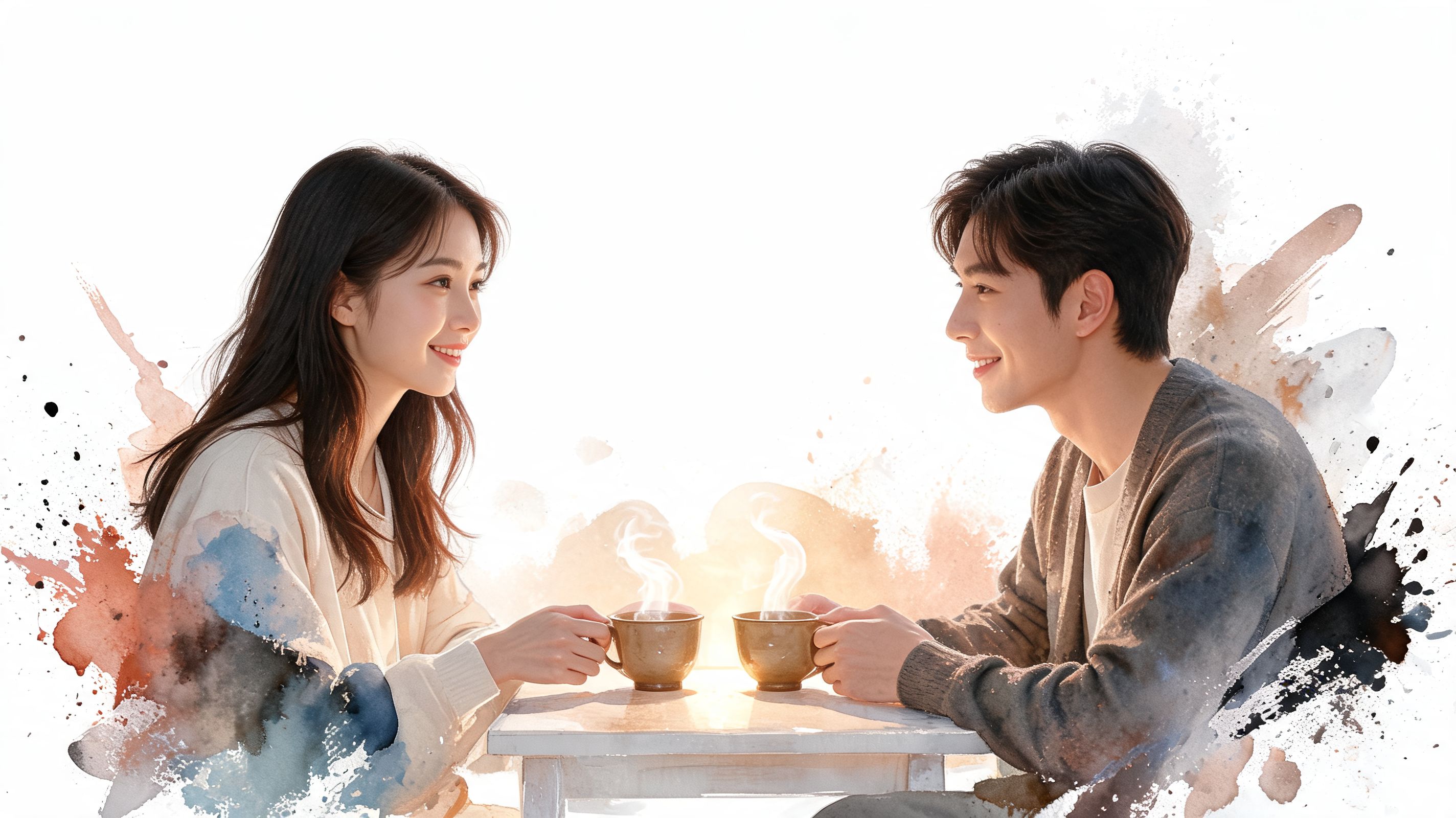 A happy young couple smiling at each other while drinking warm tea together at a table.