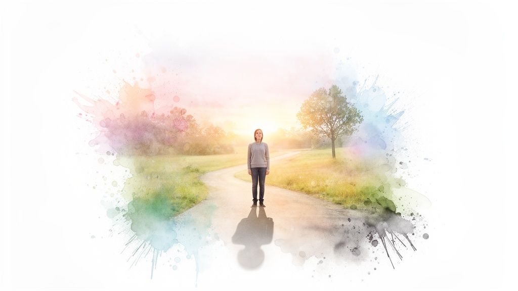 A person stands on a winding path amidst a watercolor landscape with a bright sky, symbolizing a journey.
