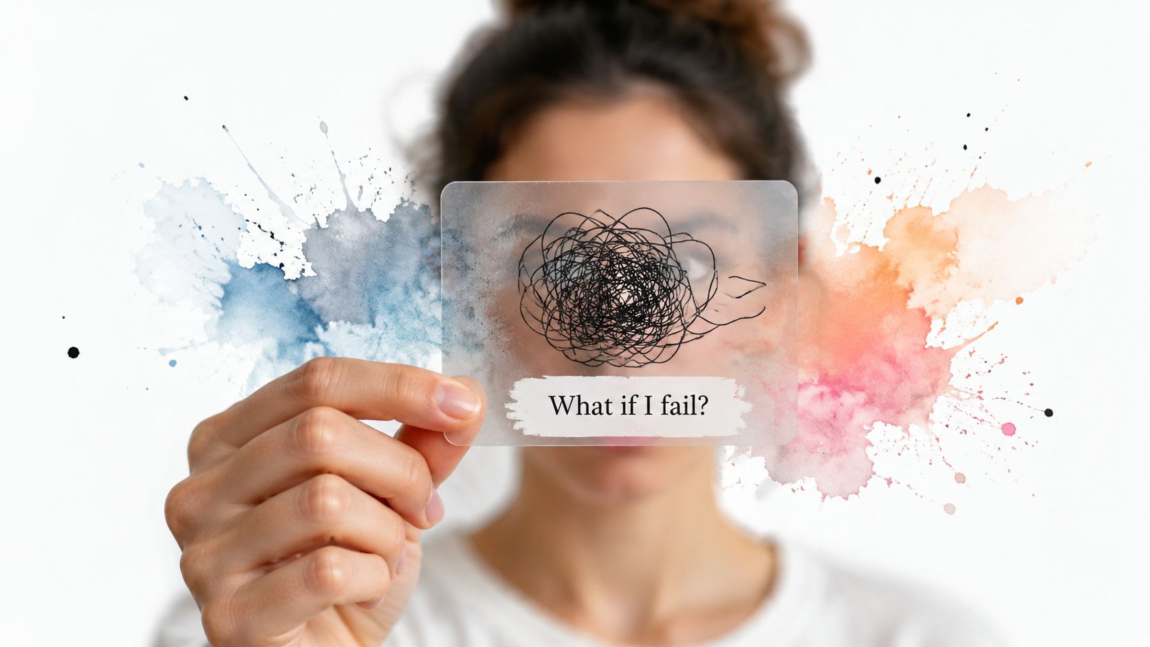 A woman holds a transparent card with a tangled scribble and the text What if I fail.