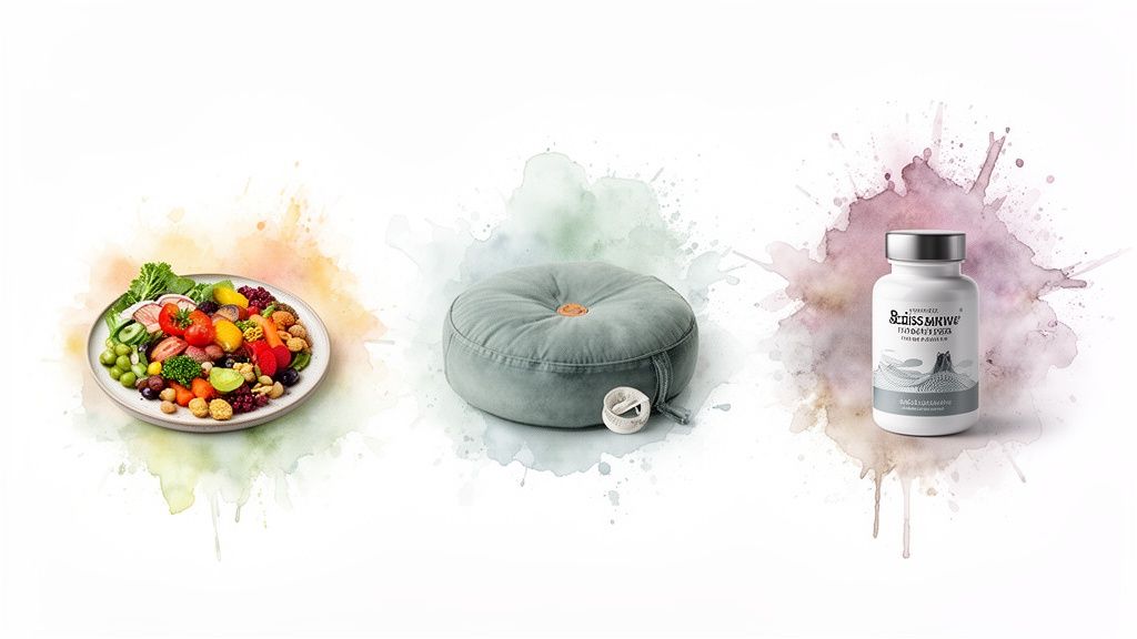 A vibrant plate of healthy food, a teal meditation cushion, and a supplement bottle on a white background with watercolor splatters.