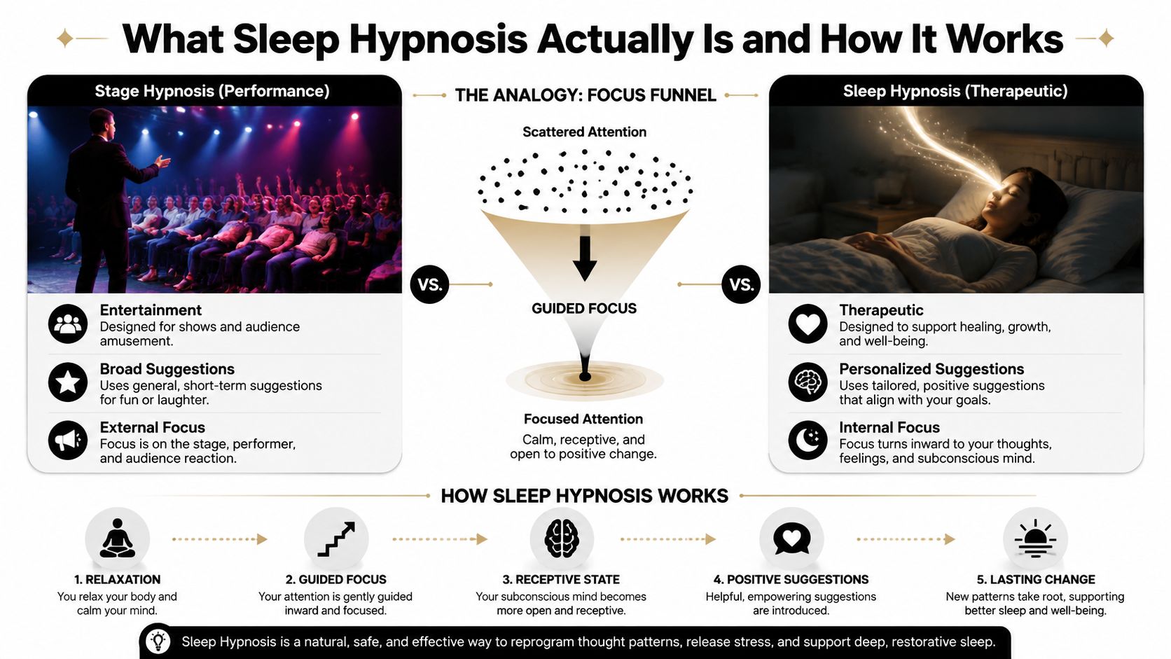 An infographic illustrating the difference between stage hypnosis and therapeutic sleep hypnosis, explaining how it works.