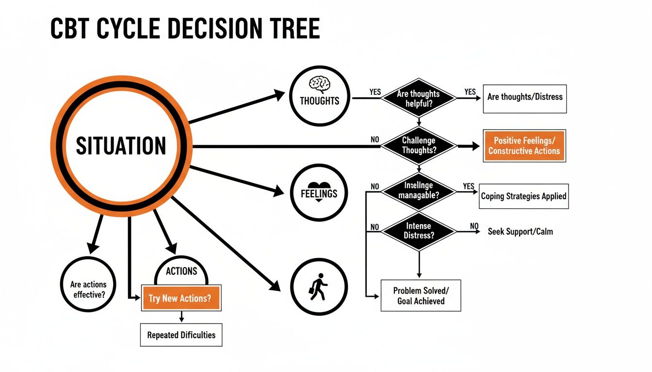 A flowchart illustrating the Cognitive Behavioral Therapy (CBT) cycle decision tree, detailing thoughts, feelings, and actions.