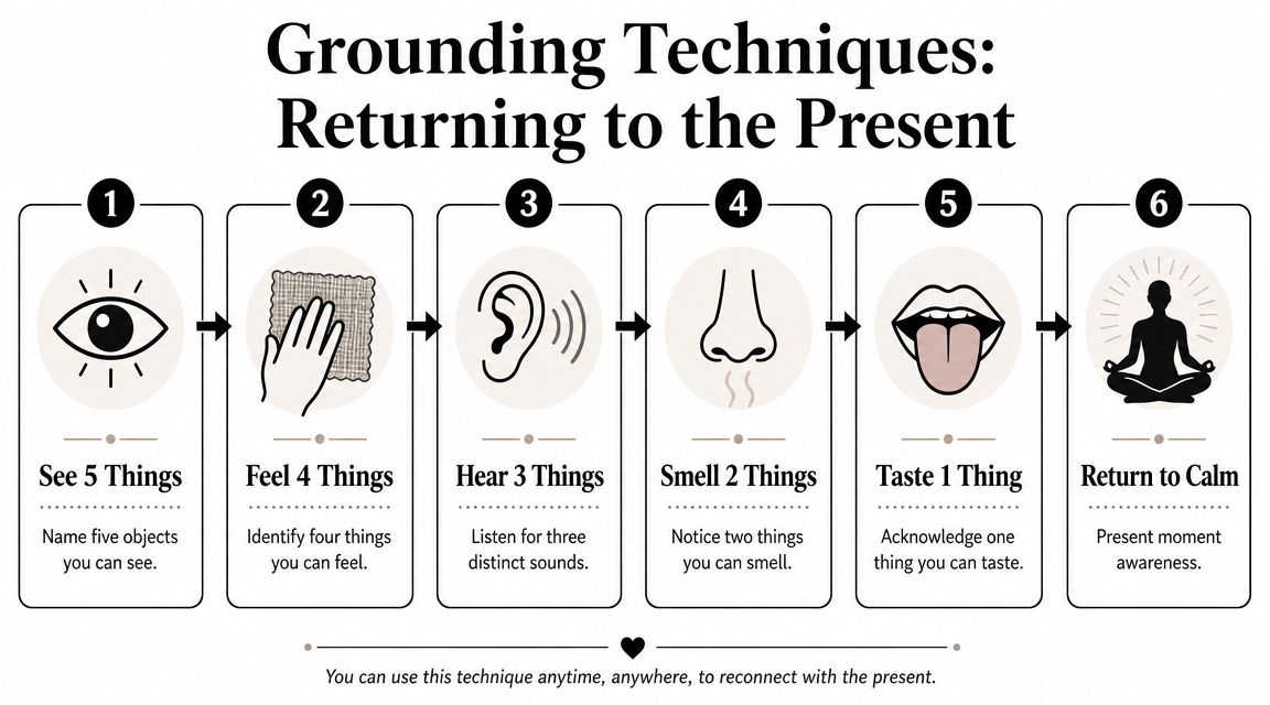 A diagram illustrating a 5-4-3-2-1 sensory grounding technique to help manage anxiety and return to calm.