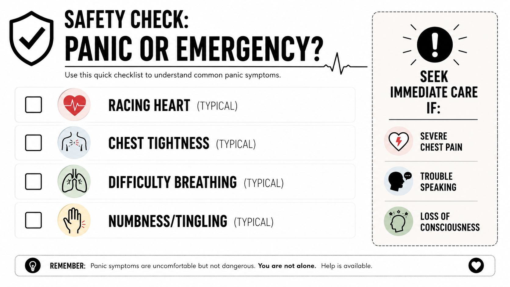 A safety checklist comparing typical panic attack symptoms with emergency medical warning signs requiring immediate care.