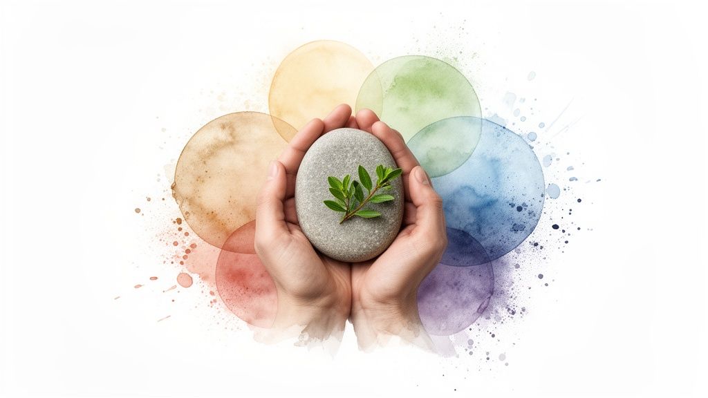 Two hands gently hold a smooth grey stone with a fresh green sprig, surrounded by vibrant watercolor circles.