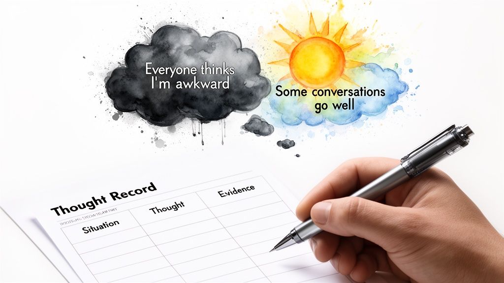 A hand fills a thought record, challenging negative thoughts like 'awkward' with positive evidence.